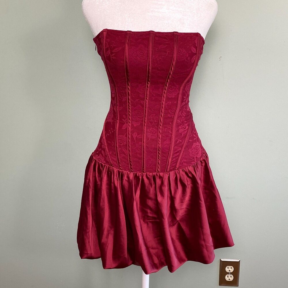 Outcast Corset Mini Dress Satin Strapless Bubble Skirt Womens Large Red Coquette